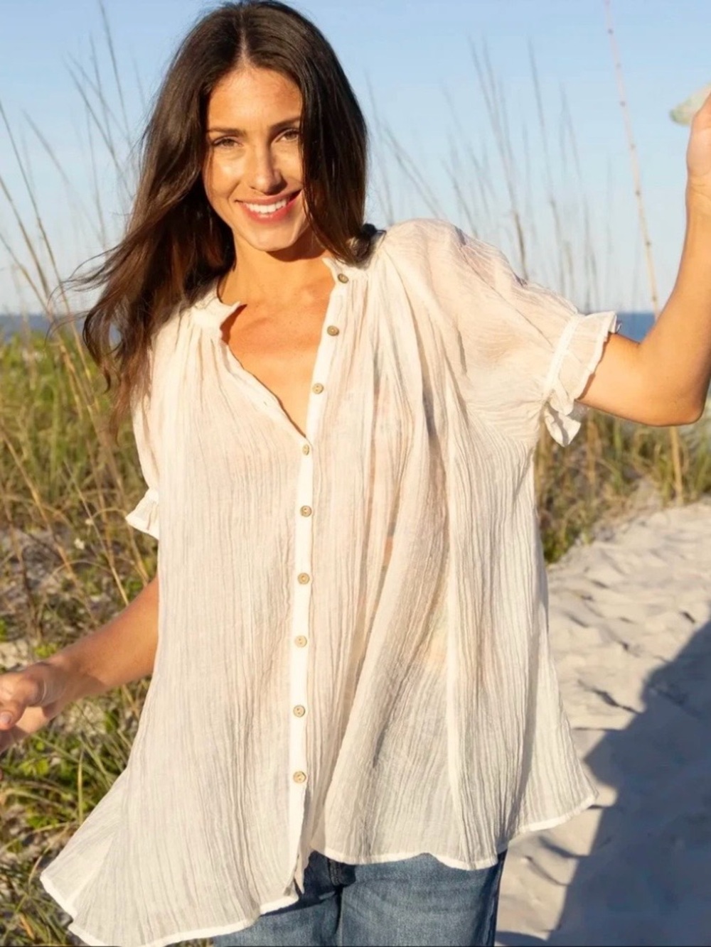 Natural Life “Sweetest Swing” Crinkle Gauze Light Cream Button-Front Top Sz M